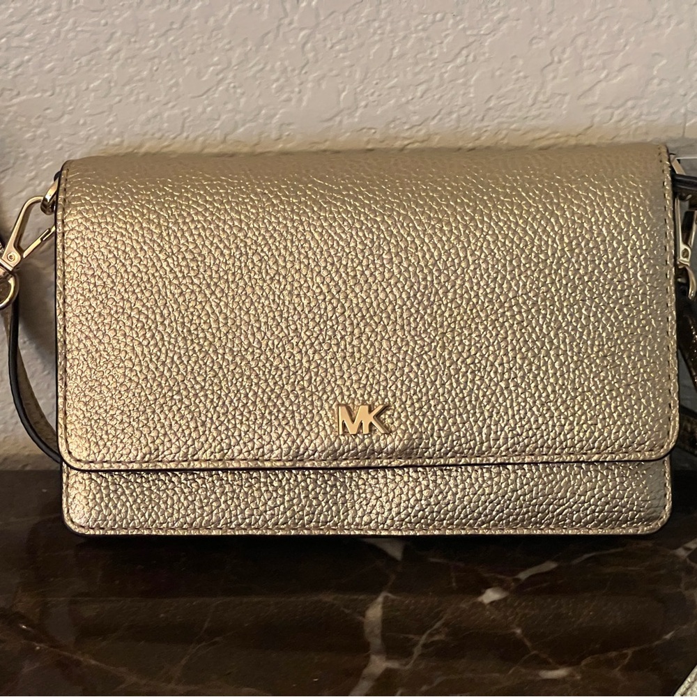 Michael Kors Gold Pebbled Leather Flap Crossbody